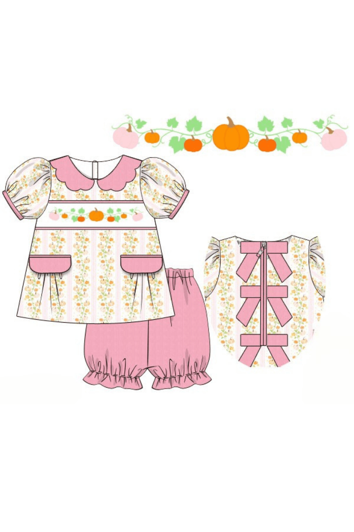 The Smocked Flamingo Apparel & Accessories Pre-Order Smocked Floral Pumpkins Pink Bow Short Set