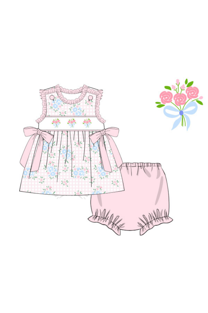 The Smocked Flamingo Apparel & Accessories Pre-Order Smocked Flower Bouquet Bow Knit Bloomer Set