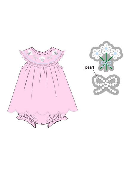 The Smocked Flamingo Apparel & Accessories Pre-Order Smocked Flowers and Pearl Pink Knit Skirted Bubble