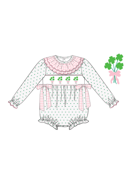 The Smocked Flamingo Apparel & Accessories Pre-Order Smocked Four Leaf Clover Swiss Dot Bubble