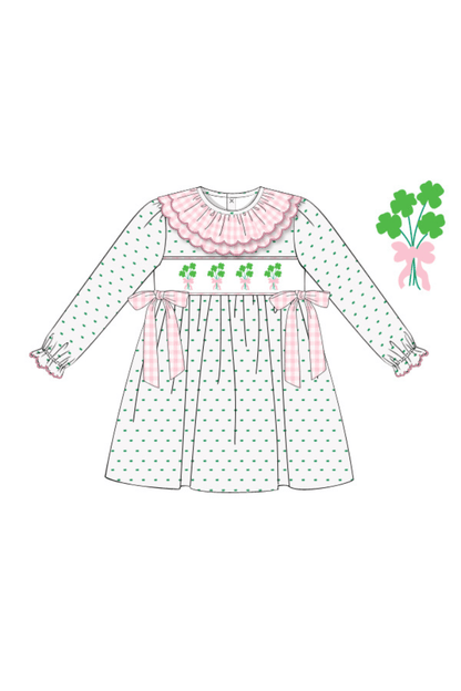 The Smocked Flamingo Apparel & Accessories Pre-Order Smocked Four Leaf Clover Swiss Dot Dress