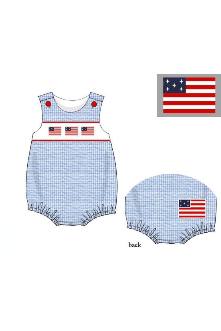 The Smocked Flamingo Apparel & Accessories Pre-Order Smocked Freedom Flag Blue Seersucker Bubble