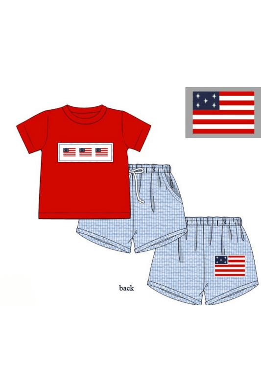 The Smocked Flamingo Apparel & Accessories Pre-Order Smocked Freedom Flag Red/Blue Seersucker Short Set