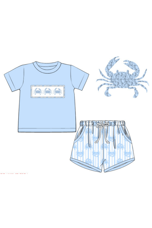 The Smocked Flamingo Apparel & Accessories Pre-Order Smocked French Knot Blue Crab Short Set