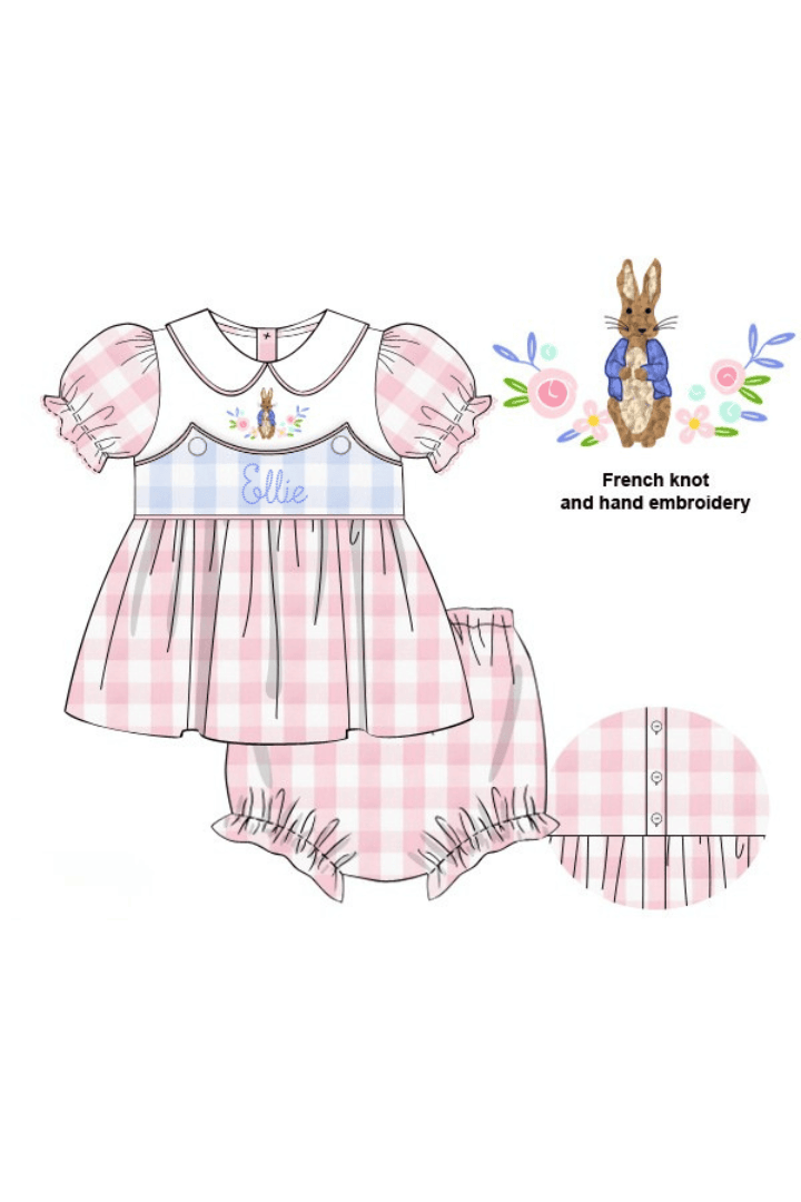 The Smocked Flamingo Apparel & Accessories Pre-Order Smocked French Knot Peter Rabbit Pink/Blue Gingham Bloomer Set