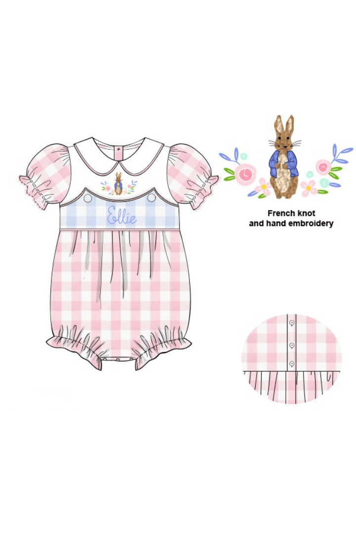 The Smocked Flamingo Apparel & Accessories Pre-Order Smocked French Knot Peter Rabbit Pink/Blue Gingham Bubble
