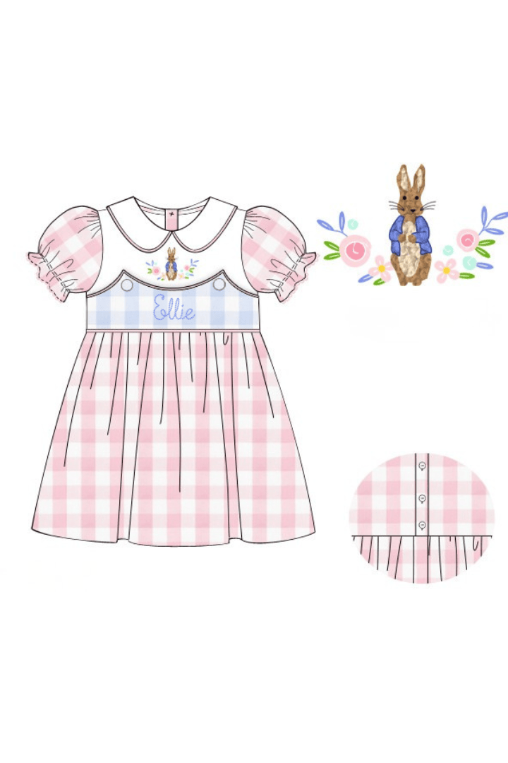 The Smocked Flamingo Apparel & Accessories Pre-Order Smocked French Knot Peter Rabbit Pink/Blue Gingham Dress