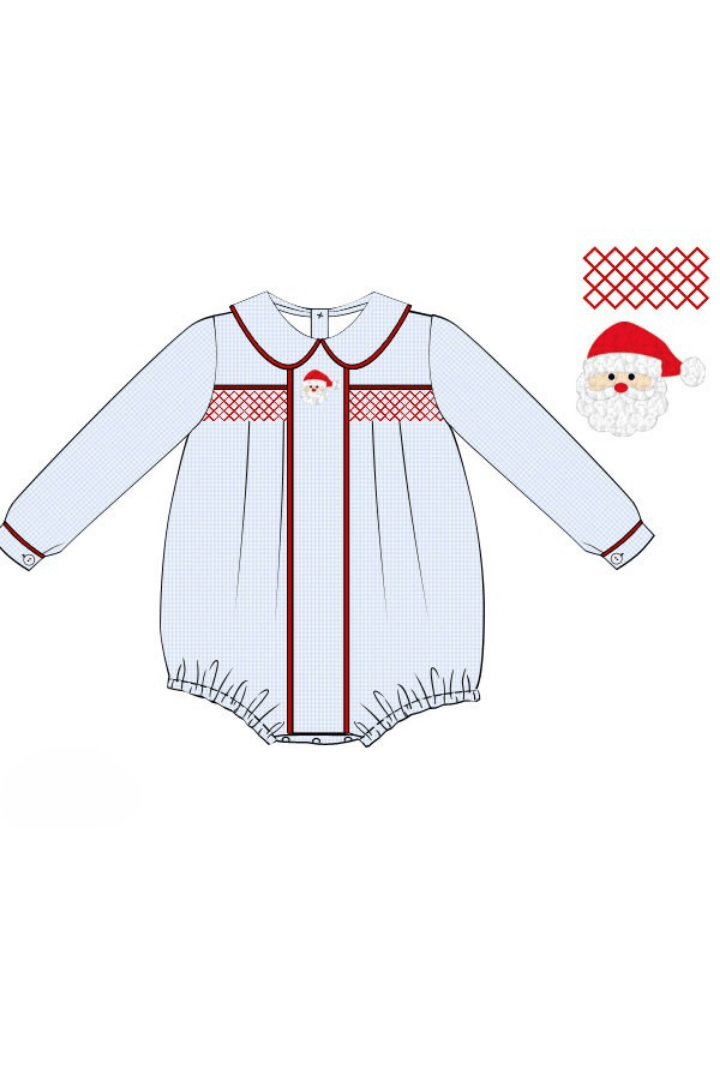 The Smocked Flamingo Apparel & Accessories Pre-Order Smocked/French Knot Santa Blue Gingham Bubble