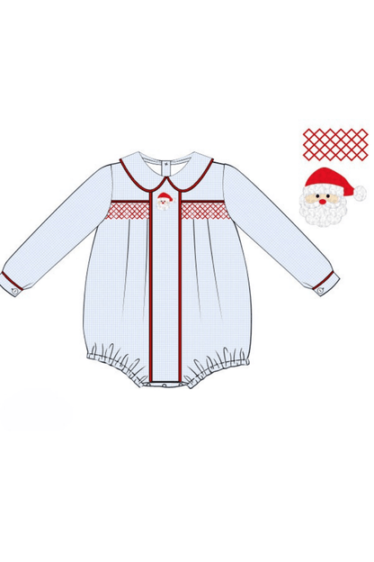 The Smocked Flamingo Apparel & Accessories Pre-Order Smocked/French Knot Santa Blue Gingham Bubble
