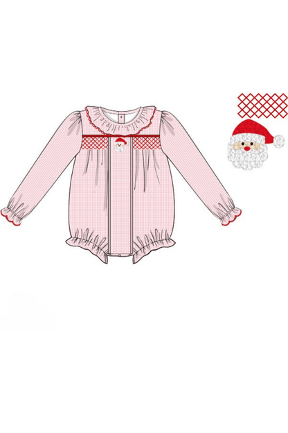 The Smocked Flamingo Apparel & Accessories Pre-Order Smocked/French Knot Santa Pink Gingham Ruffle Bubble