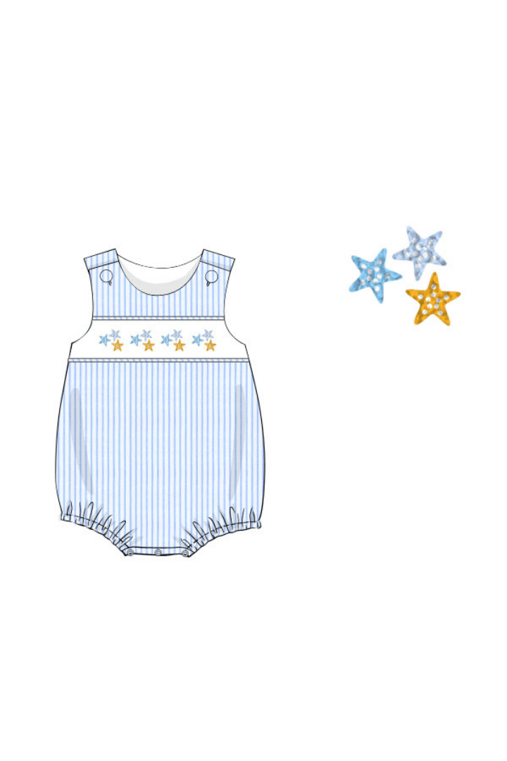 The Smocked Flamingo Apparel & Accessories Pre-Order Smocked French Knot Starfish Blue Pinstripe Bubble