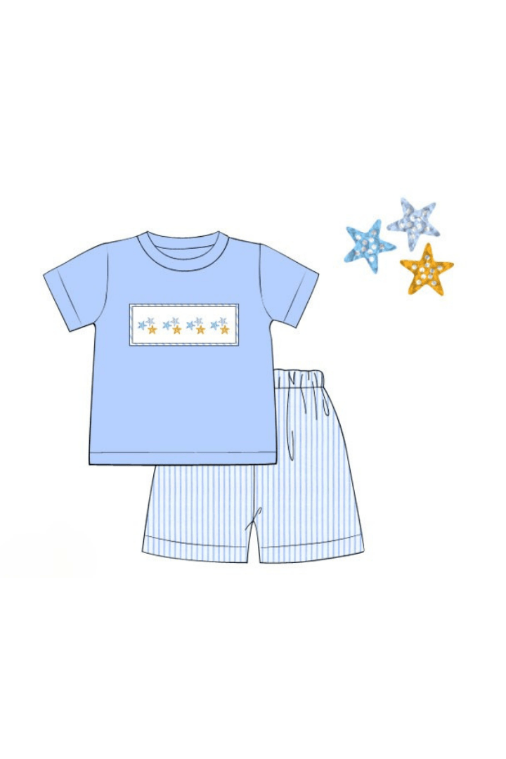 The Smocked Flamingo Apparel & Accessories Pre-Order Smocked French Knot Starfish Blue Pinstripe Short Set