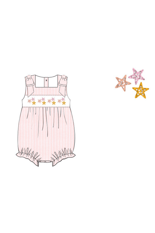 The Smocked Flamingo Apparel & Accessories Pre-Order Smocked French Knot Starfish Pink Pinstripe Bubble