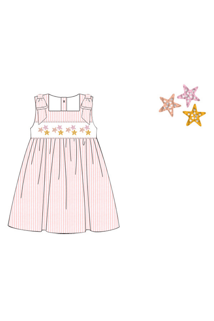 The Smocked Flamingo Apparel & Accessories Pre-Order Smocked French Knot Starfish Pink Pinstripe Dress