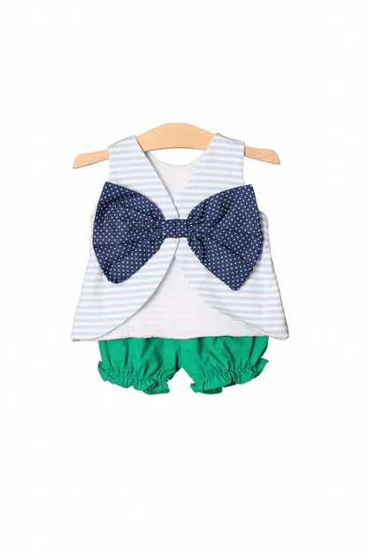 The Smocked Flamingo Apparel & Accessories Pre-Order Smocked Friends Blue Stripe Bow Set