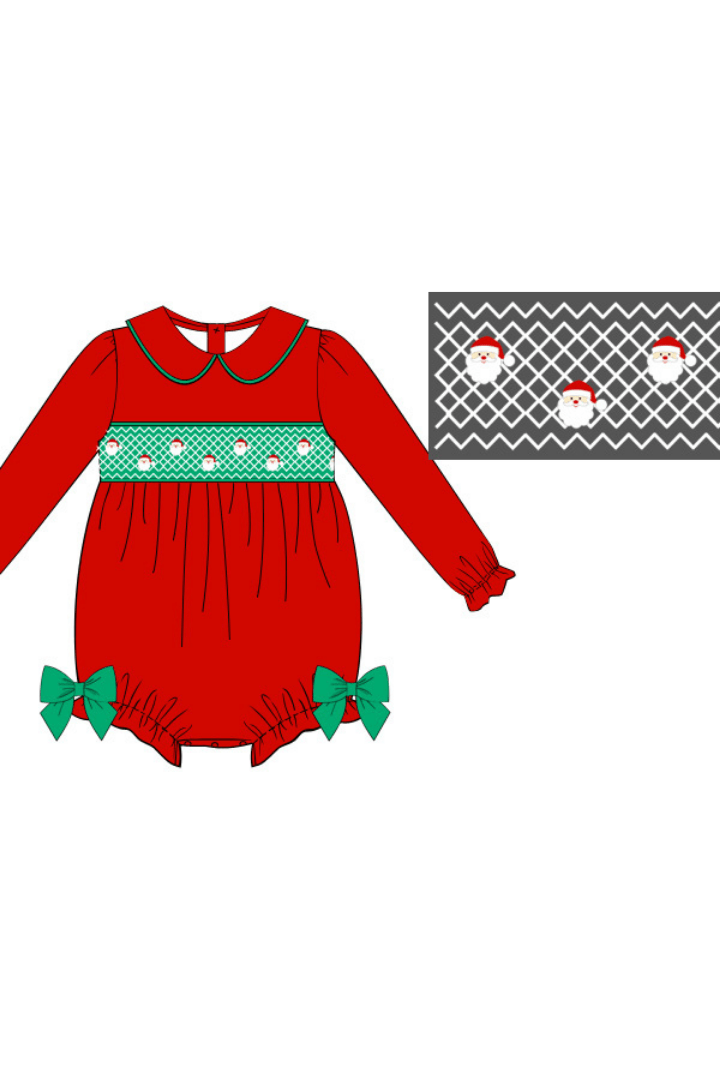 The Smocked Flamingo Apparel & Accessories Pre-Order Smocked Geometric Santa Red/Green Corduroy Bow Bubble