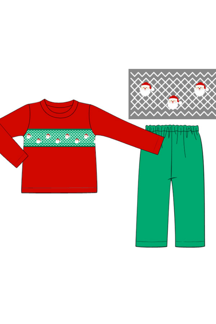 The Smocked Flamingo Apparel & Accessories Pre-Order Smocked Geometric Santa Red/Green Corduroy Pant Set