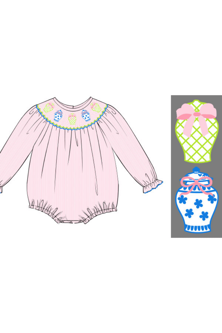 The Smocked Flamingo Apparel & Accessories Pre-Order Smocked Ginger Jar Pink Windowpane Long Sleeve Bishop Bubble