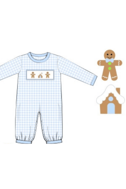 The Smocked Flamingo Apparel & Accessories Pre-Order Smocked Gingerbread Blue Gingham Romper