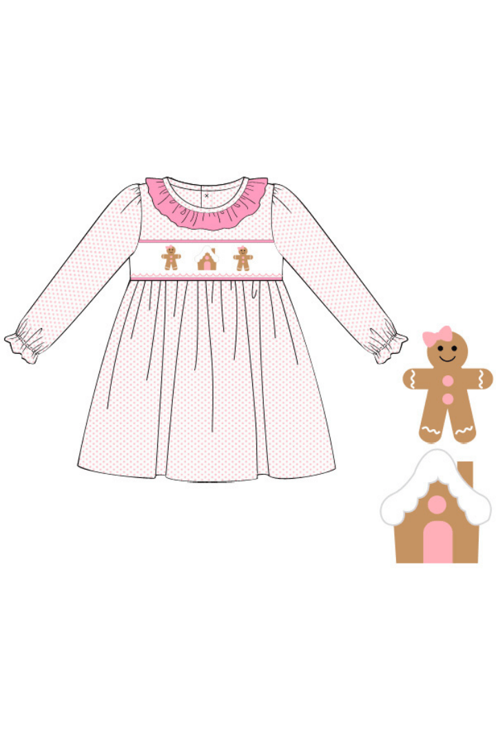 The Smocked Flamingo Apparel & Accessories Pre-Order Smocked Gingerbread Pink Bitty Dot Dress