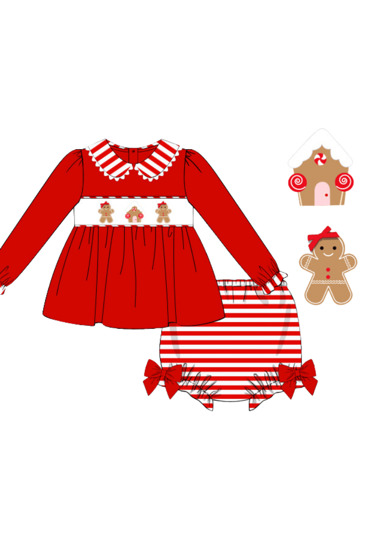 The Smocked Flamingo Apparel & Accessories Pre-Order Smocked Gingerbread Red Knit Bloomer Set