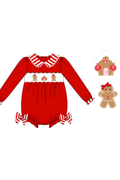 The Smocked Flamingo Apparel & Accessories Pre-Order Smocked Gingerbread Red Knit Bow Bubble