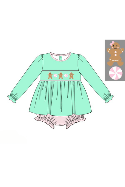 The Smocked Flamingo Apparel & Accessories Pre-Order Smocked Gingerbread Sweets Mint Skirted Bubble