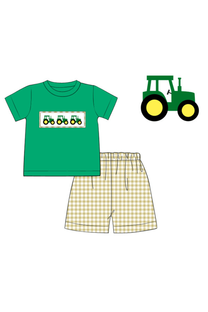 The Smocked Flamingo Apparel & Accessories Pre-Order Smocked Gingham Tractor Short Set