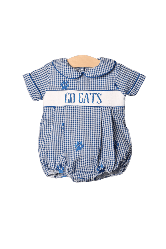 The Smocked Flamingo Apparel & Accessories Pre-Order Smocked Go Cats Blue Gingham Bubble