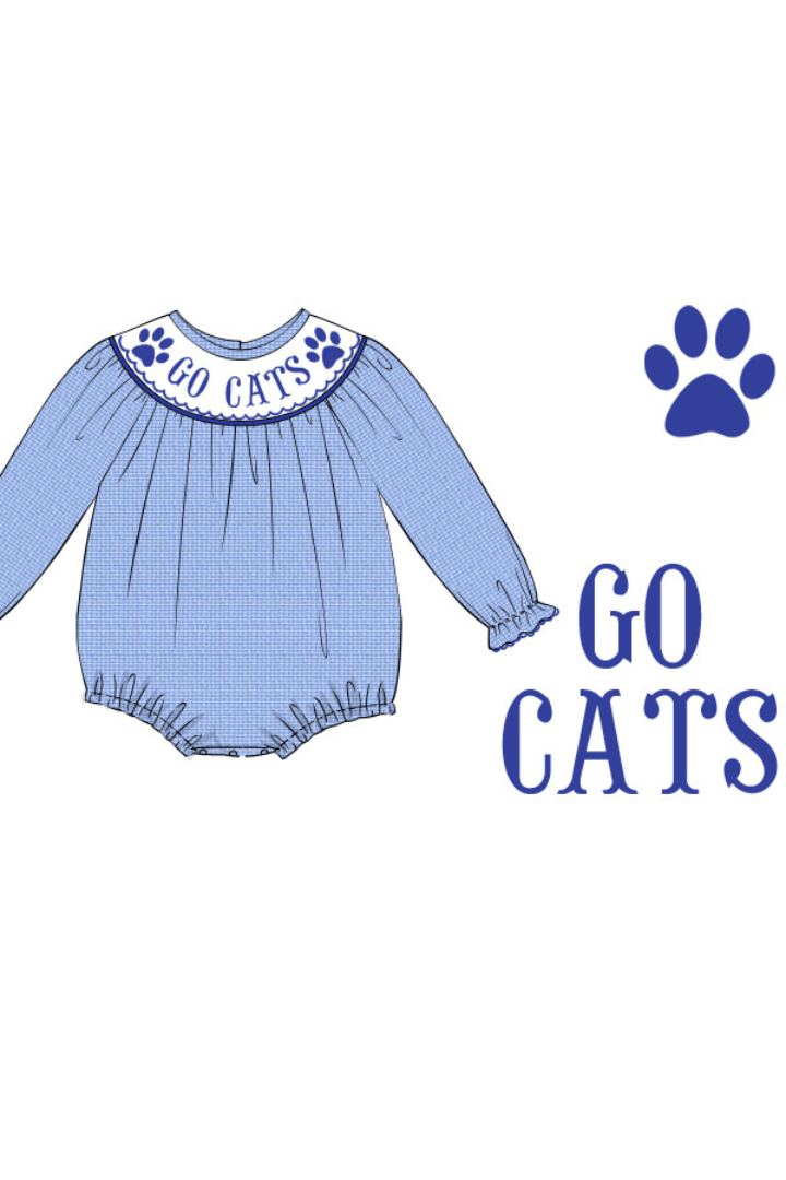 The Smocked Flamingo Apparel & Accessories Pre-Order Smocked Go Cats Blue Gingham Long Sleeve Bubble