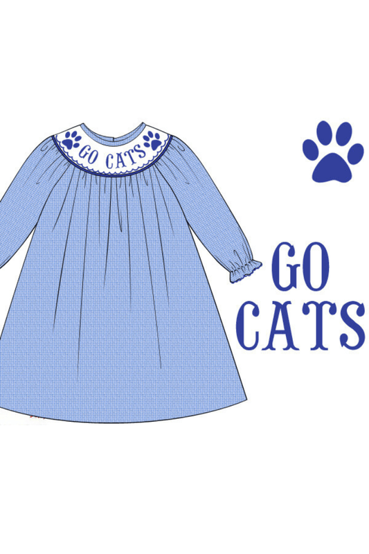 The Smocked Flamingo Apparel & Accessories Pre-Order Smocked Go Cats Blue Gingham Long Sleeve Dress