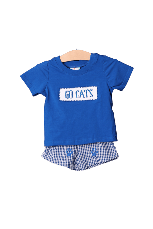 The Smocked Flamingo Apparel & Accessories Pre-Order Smocked Go Cats Blue Gingham Short Set