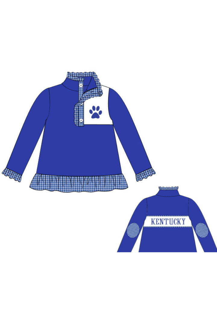 The Smocked Flamingo Apparel & Accessories Pre-Order Smocked Go Cats Royal Blue/Gingham Ruffle Pullover