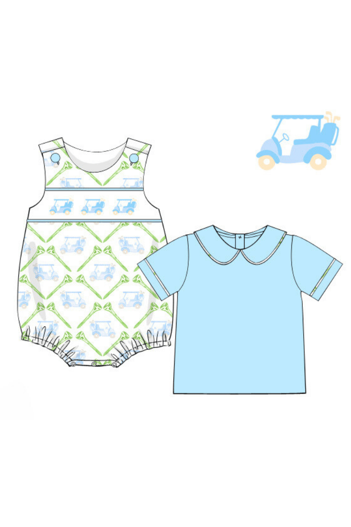 The Smocked Flamingo Apparel & Accessories Pre-Order Smocked Golf Cart Blue Bubble and Shirt