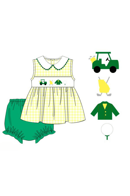 The Smocked Flamingo Apparel & Accessories Pre-Order Smocked Golf Classics Yellow Gingham Bloomer Set