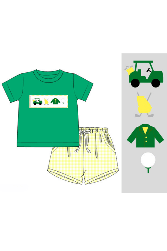 The Smocked Flamingo Apparel & Accessories Pre-Order Smocked Golf Classics Yellow Gingham/Green Short Set