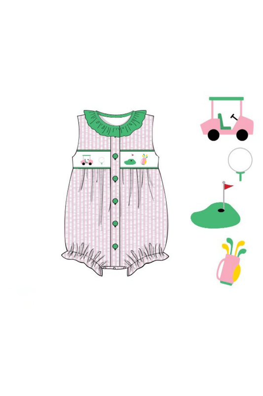 The Smocked Flamingo Apparel & Accessories Pre-Order Smocked Golf Pink Seersucker Ruffle Bubble