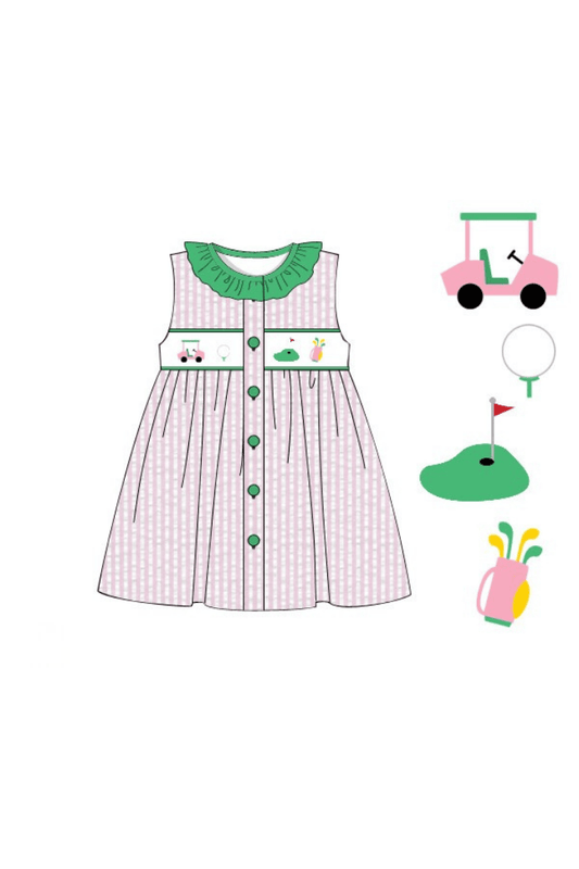 The Smocked Flamingo Apparel & Accessories Pre-Order Smocked Golf Pink Seersucker Ruffle Dress