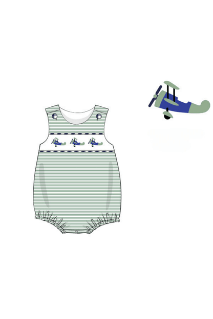 The Smocked Flamingo Apparel & Accessories Pre-Order Smocked Green Stripe Airplane Bubble