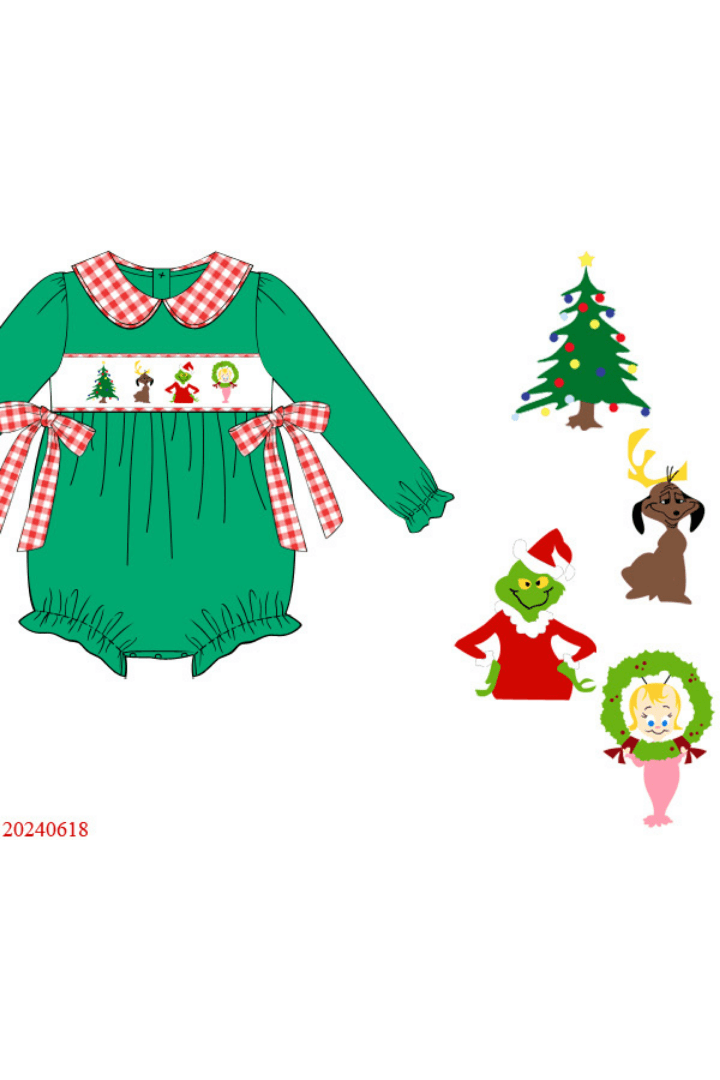 The Smocked Flamingo Apparel & Accessories Pre-Order Smocked Grouch Green Knit Bow Bubble