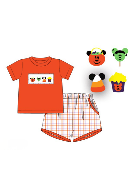 The Smocked Flamingo Apparel & Accessories Pre-Order Smocked Halloween Mouse Treats Plaid Short Set