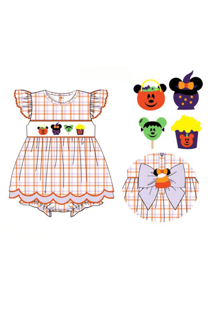 The Smocked Flamingo Apparel & Accessories Pre-Order Smocked Halloween Mouse Treats Plaid Skirted Bubble