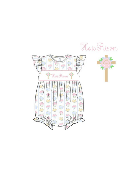 The Smocked Flamingo Apparel & Accessories Pre-Order Smocked He Is Risen Floral Cross Bubble