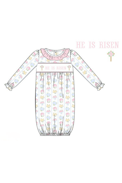 The Smocked Flamingo Apparel & Accessories Pre-Order Smocked He Is Risen Floral Cross Gown