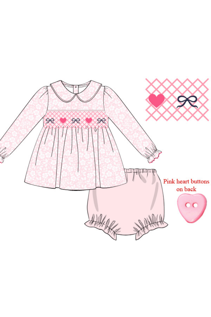 The Smocked Flamingo Apparel & Accessories Pre-Order Smocked Heart and Bow Pink Floral Bloomer Set