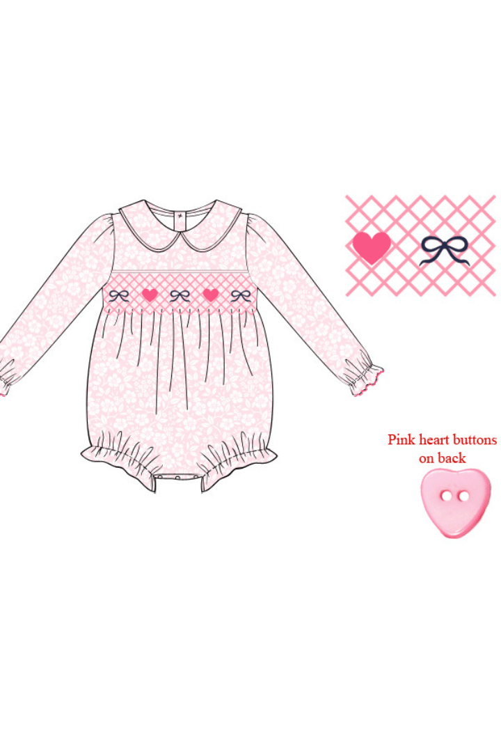 The Smocked Flamingo Apparel & Accessories Pre-Order Smocked Heart and Bow Pink Floral Bubble