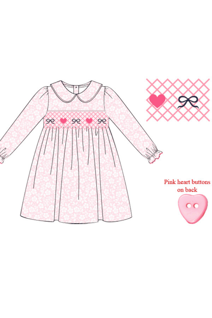 The Smocked Flamingo Apparel & Accessories Pre-Order Smocked Heart and Bow Pink Floral Dress