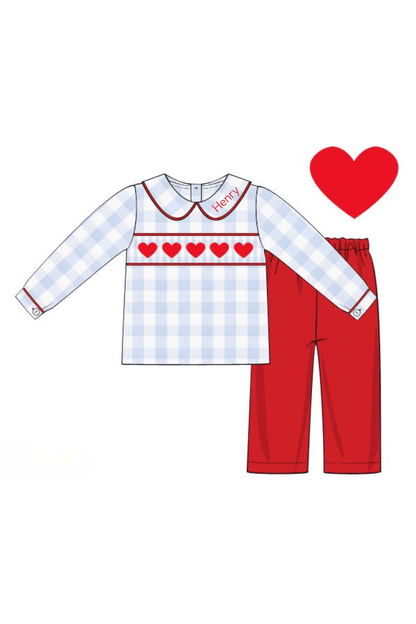 The Smocked Flamingo Apparel & Accessories Pre-Order Smocked Heart Blue Gingham Pant Set