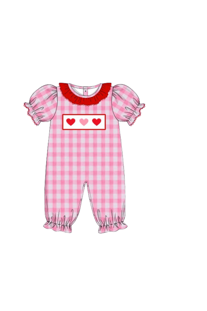 The Smocked Flamingo Apparel & Accessories Pre-Order Smocked Heart Pink Seersucker Romper