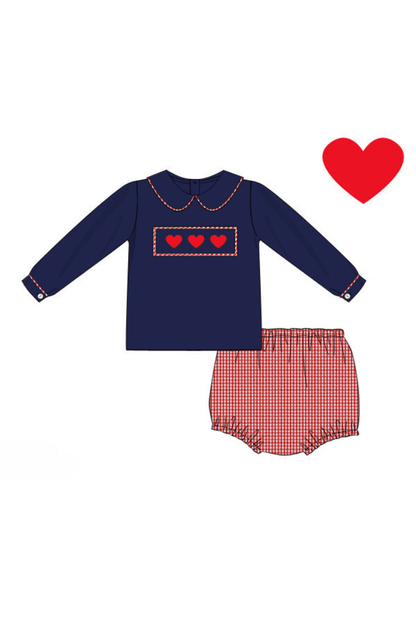 The Smocked Flamingo Apparel & Accessories Pre-Order Smocked Heart Red Seersucker Gingham Diaper Set